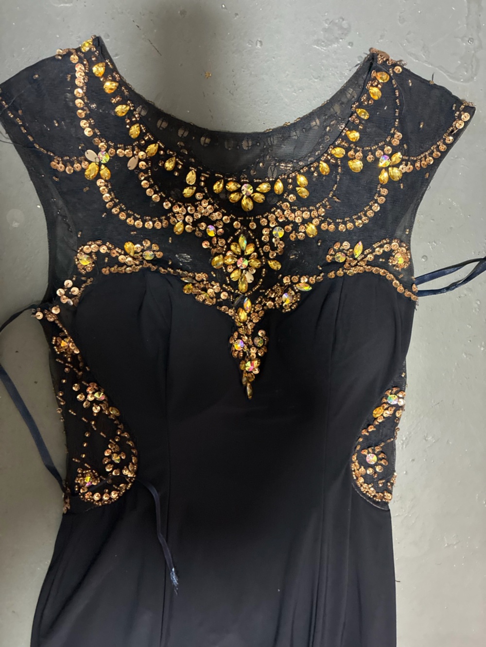 Betsy & Adam Black and Blush Evening Dress with Sheer Overlay